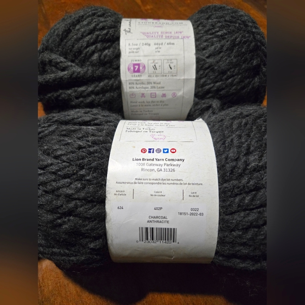 Lion Brand Wool Ease WOW Yarn- Charcoal, Jumbo, Acrylic/Wool Blend (2 Skeins)